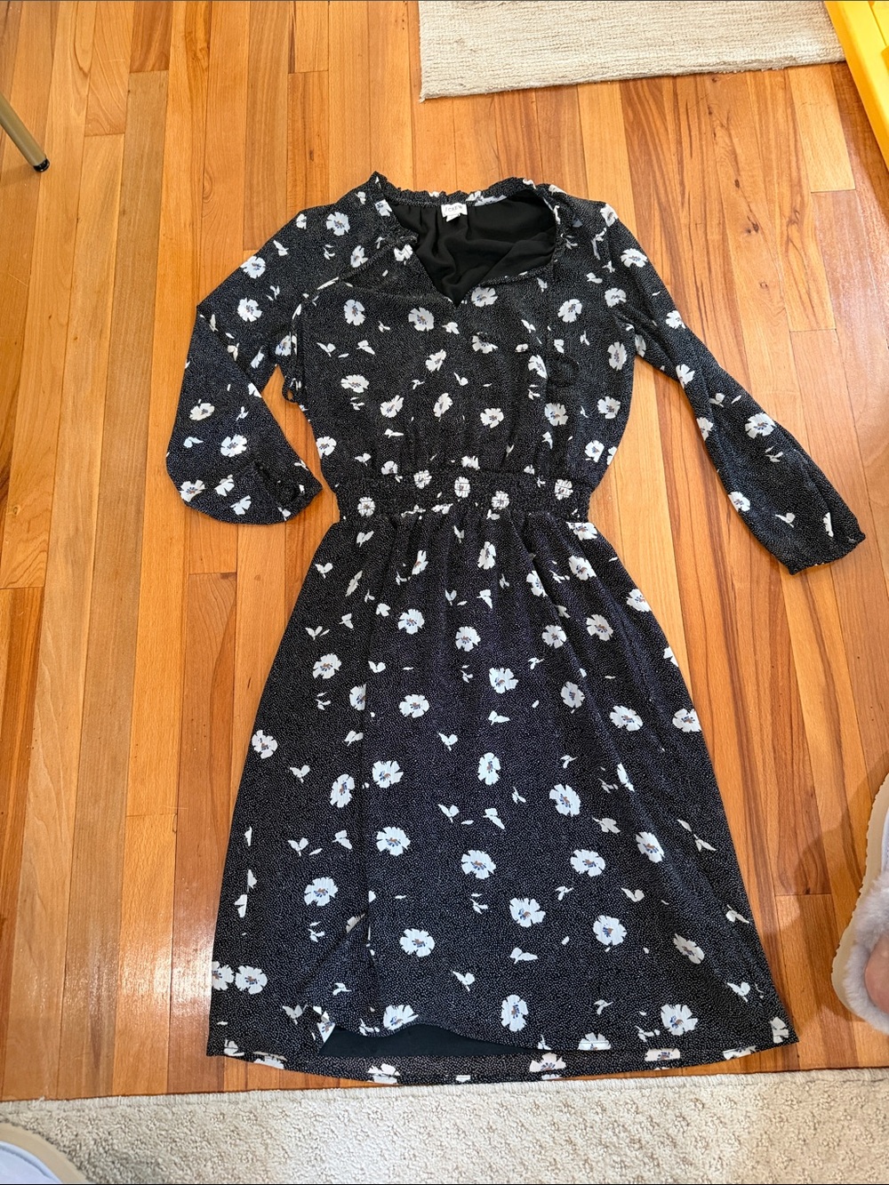 J. Crew Black Long-Sleeve Floral A-Line Dress